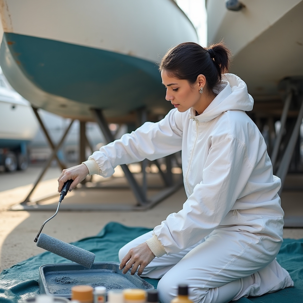 Esperto di verniciatura nautica al lavoro su uno scafo