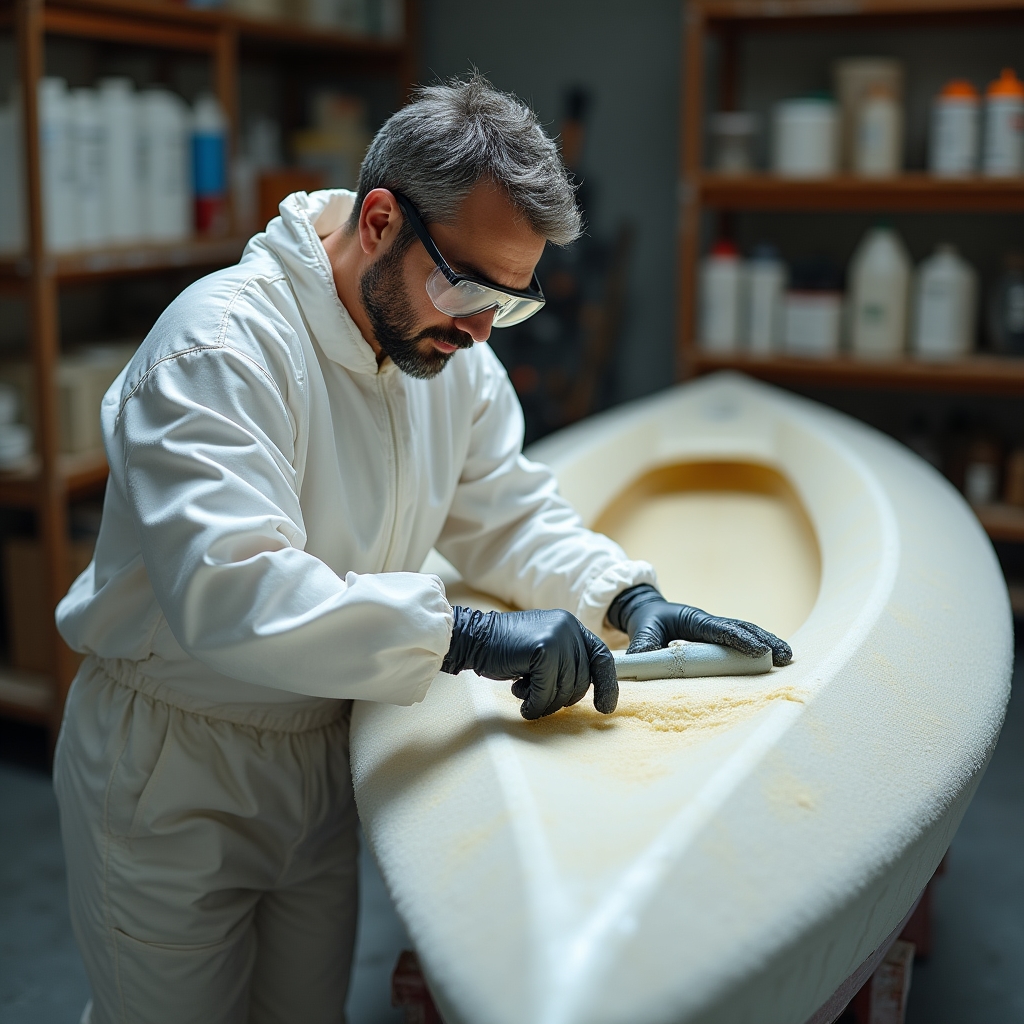 Tecnico al lavoro su laminazione in vetroresina nel laboratorio del cantiere